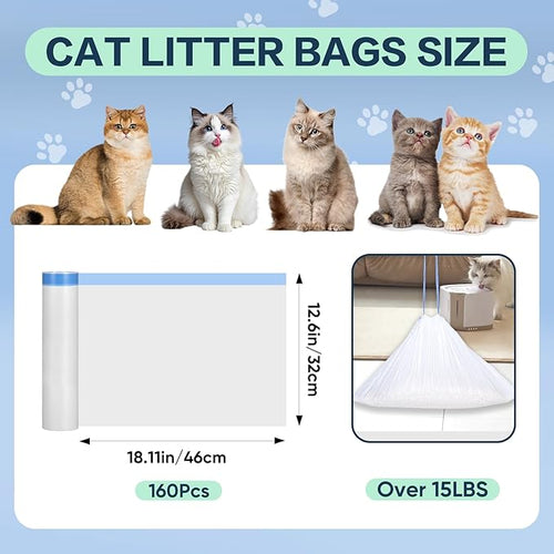 160 Count Cat Litter Box Liners Compatible with MeoWant-SCO1 & MeoWant-SCO2, Cat Litter Liners for Automatic Litter Box, Thick Heavy Duty Waste Bags with Drawstrings, 18.11" x 12.6"