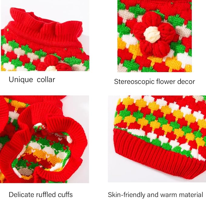 Small Dog Sweater, Knitted Tulip Cat Sweater, Warm Thick Holiday Puppy Clothes for Small Dog Girl,Cold Weather Outfit for Kitten Chihuahua Yorkie Teacup Dachshund Pug (Red, Large)