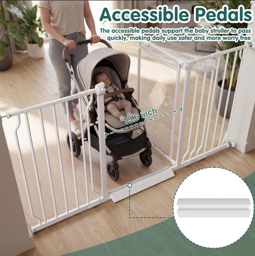 Triple-Lock Acrylic Extra Wide Baby Gate 66.95"-74.8", Crystal Clear Transparent Pet Gate for Dogs, Heavy Duty Metal Gate for Doorways, Pressure Mount Child Safety Barrier, Auto Close, White
