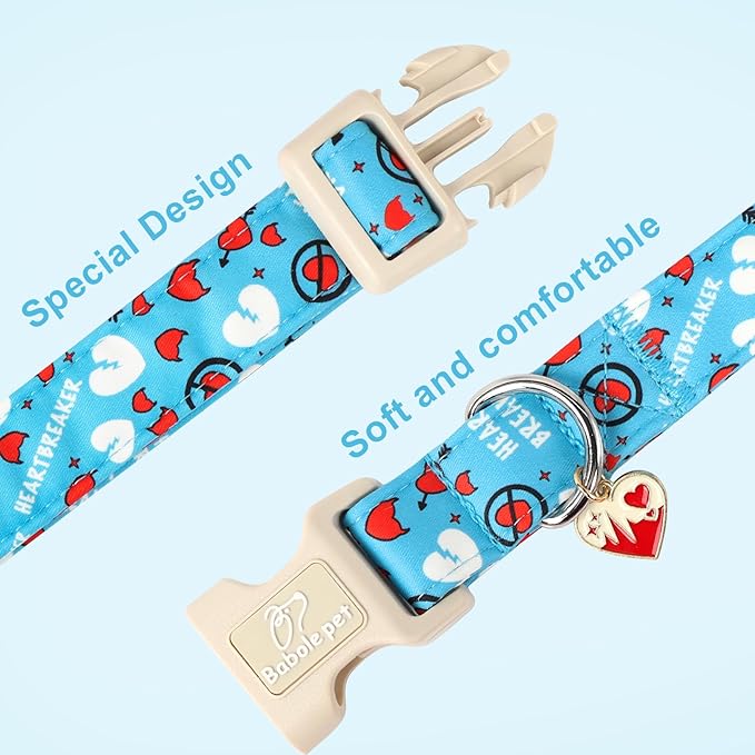 Valentines Dog Collar, Blue Heart Dog Collar, Cute Loving Heart Printed Collar with Quick Release Plastic Buckle for Boys&Girls Dogs, X-Large