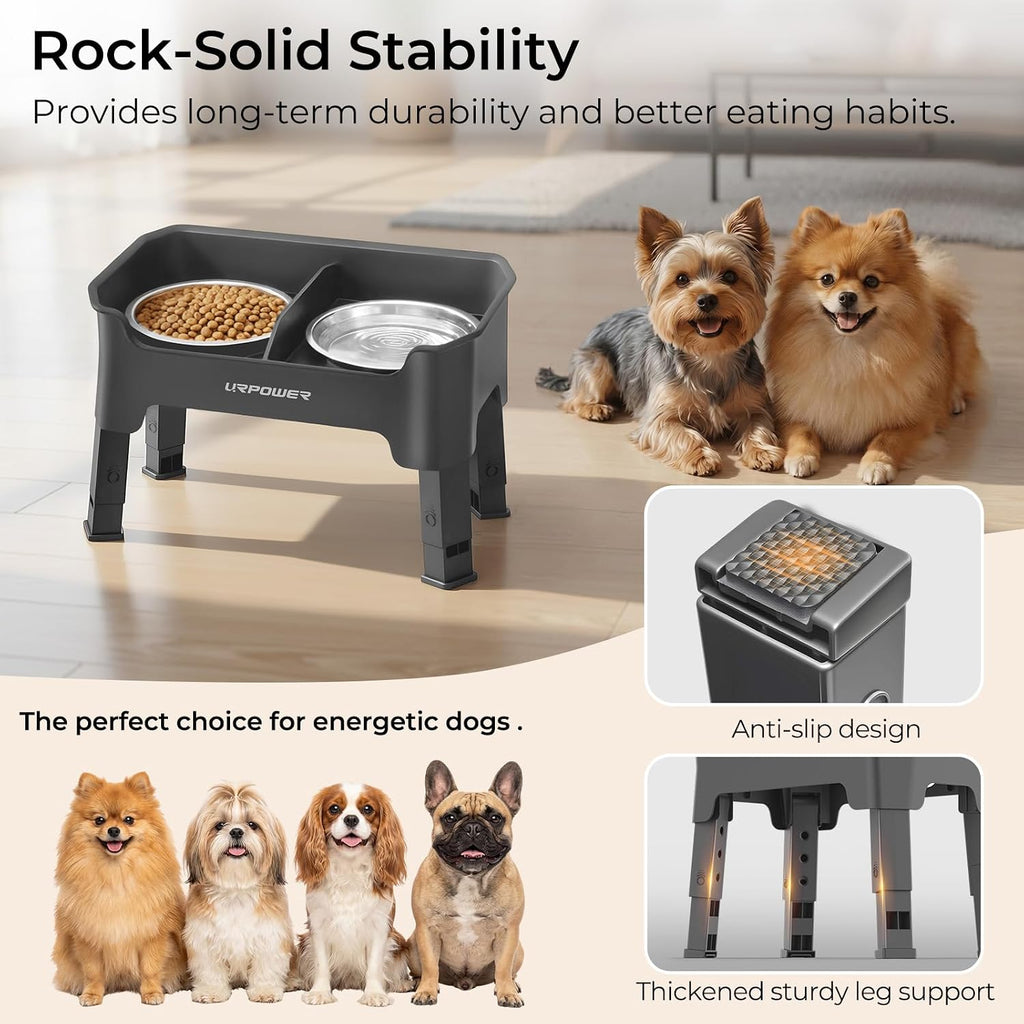 URPOWER Mess Proof Elevated Dog Bowls for Small Dogs with Splash Guard | 4 Adjustable Heights, 2 Stainless Steel Bowls, Food & Water Separation, Non-Slip Base, Foldable Raised Dog Bowl Stand, Grey