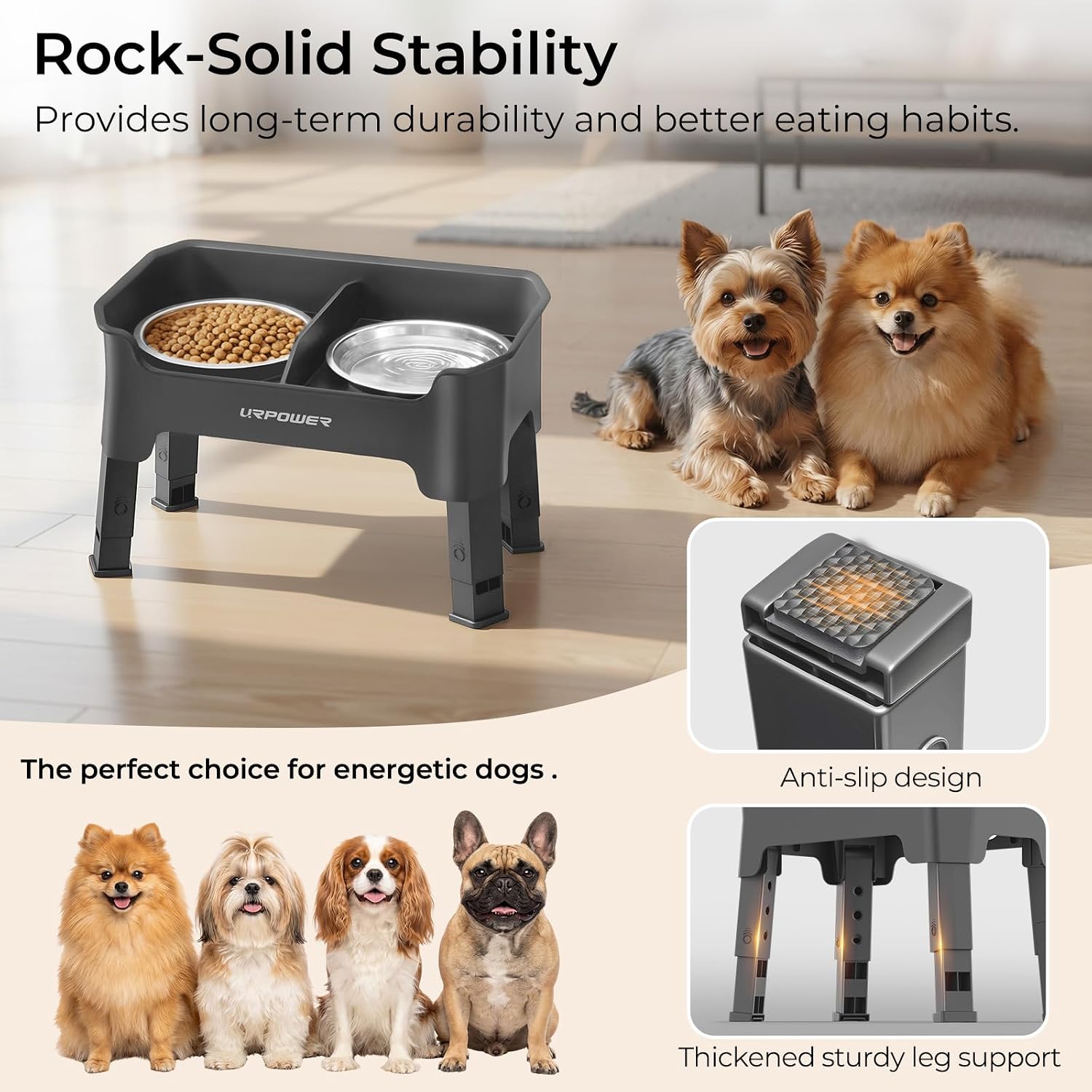 URPOWER Mess Proof Elevated Dog Bowls for Small Dogs with Splash Guard | 4 Adjustable Heights, 2 Stainless Steel Bowls, Food & Water Separation, Non-Slip Base, Foldable Raised Dog Bowl Stand, Grey