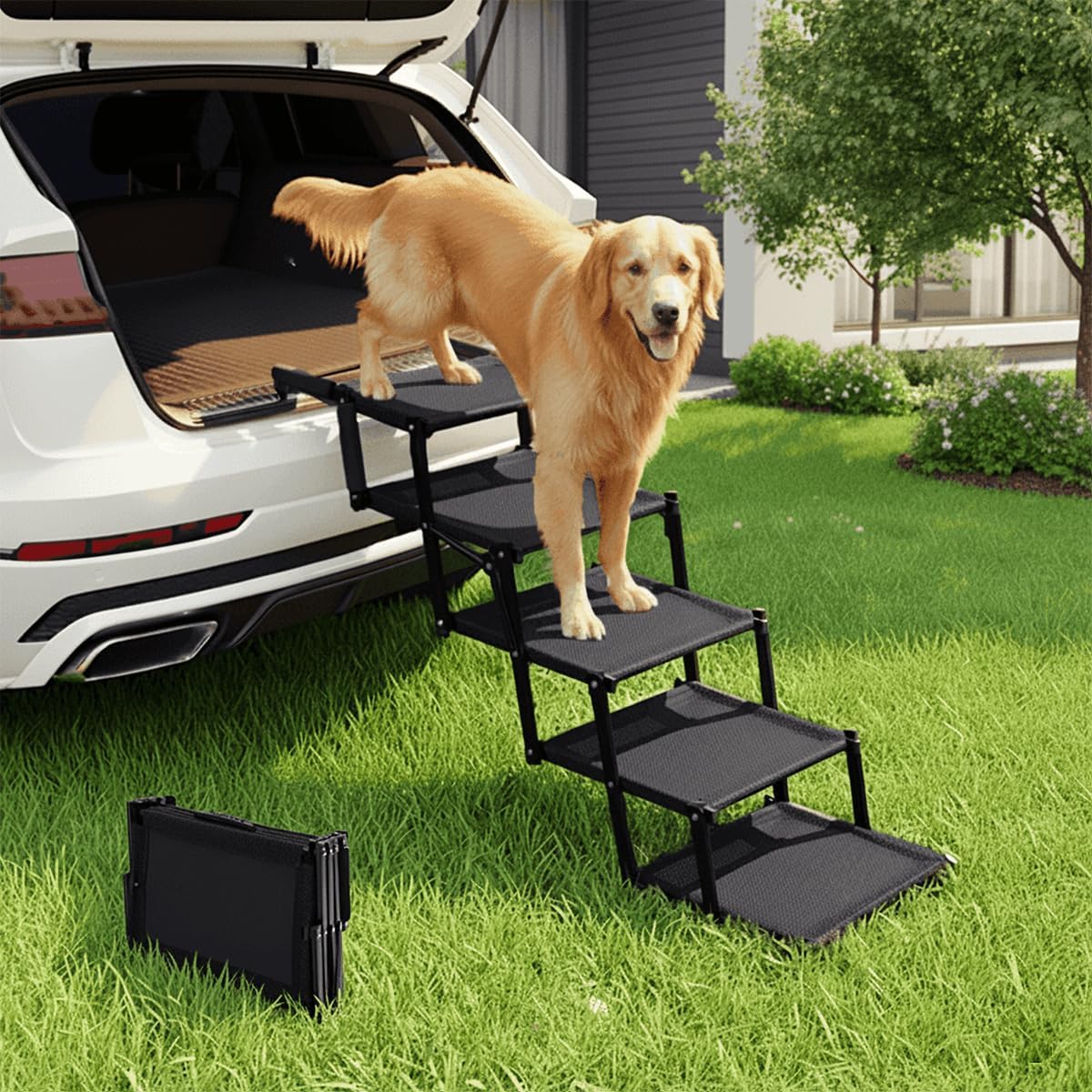 Oiilores Foldable Dog Stairs for Large Dogs - Extra Wide Pet Ramp for Cars, SUV, Non-Slip Surface, Supports Up to 250 Lbs, 5 Steps