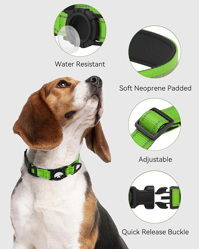 Joytale Airtag Dog Collar, Reflective Pet Collar with Waterproof AirTag Holder, Dual D-Rings, Soft Padded Adjustable for Extra Large Dogs, Green, XL