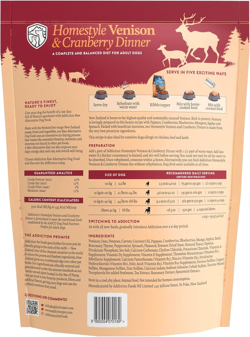 Addiction Homestyle Venison & Cranberry Dinner Air-Dried Grain-Free Dog Food – Complete Meal or Topper with Natural Ingredients for Digestive and Skin & Coat Health, 2lb - 4 Packs