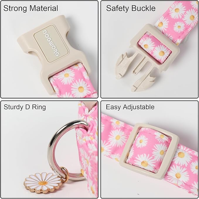 DOGWONG Flower Dog Collar-Daisy Flower Print Girl Dog Collar for Large Cute Dog Collars Spring Female Pet Gift Adjustable Heavy-Duty Soft Collar，L