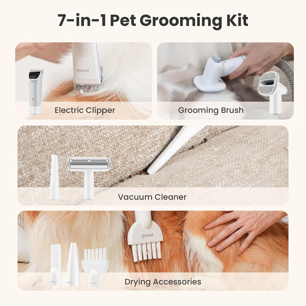 Pecute 7-in-1 Dog Grooming Vacuum & Dryer for Heavy Shedding | 10000Pa suction, adj suction & temp, home & salon use, 55dB low noise, 1.7L dust cup, reduces flying hair, easy cleanup