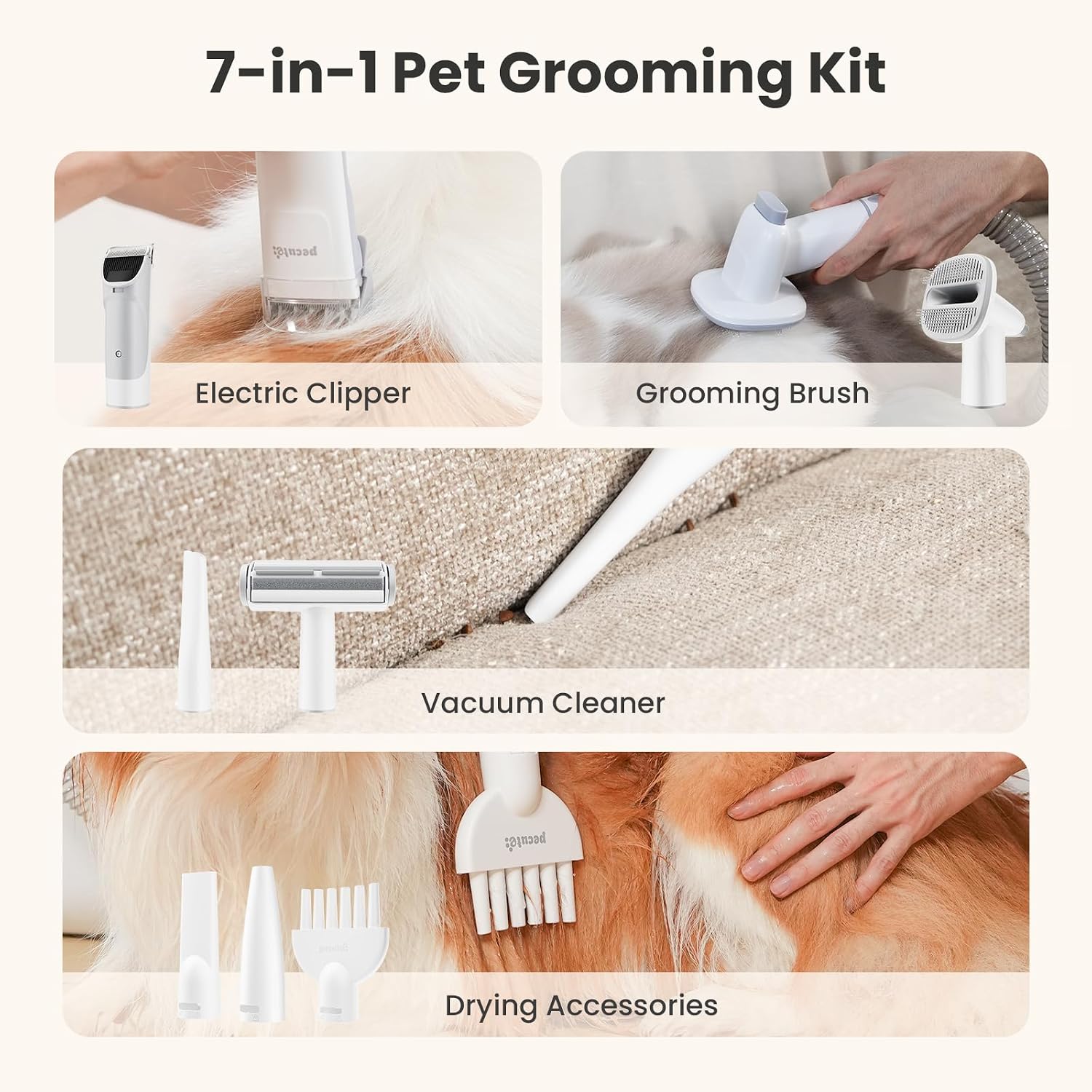 Pecute 7-in-1 Dog Grooming Vacuum & Dryer for Heavy Shedding | 10000Pa suction, adj suction & temp, home & salon use, 55dB low noise, 1.7L dust cup, reduces flying hair, easy cleanup