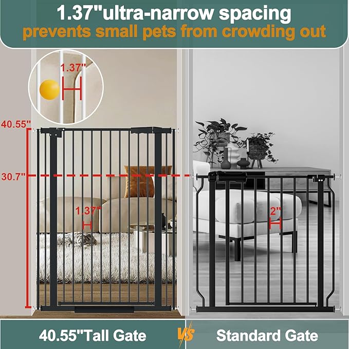 40.55" Tall, 69.48-77.36 Inch Wide, 1.37" Ultra Narrow Spacing Dog Pet Baby Gate Indoor for Doorway Hallway, Pressure Mounted 70 71 72 73 74 75 76 77 Inches Wide Black