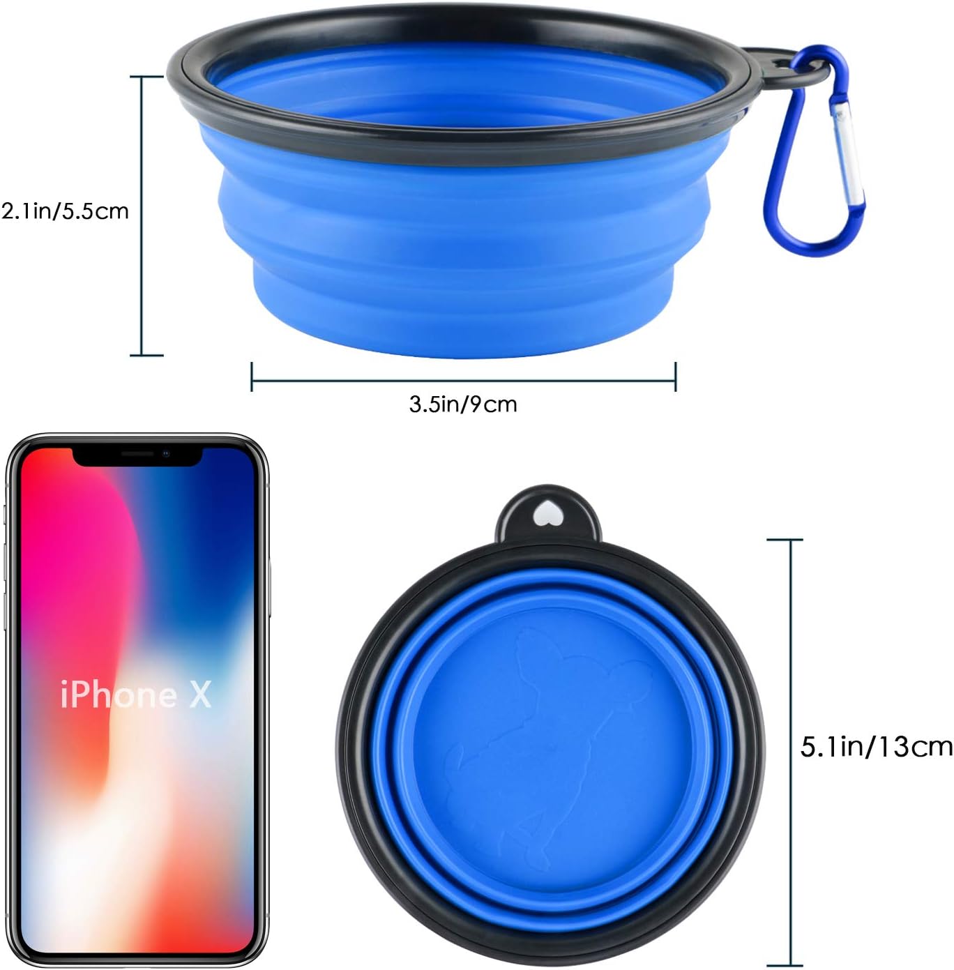 Collapsible Silicone Dog Bowls, 3-Pack Travel Pet Food Water Bowls | Orange, green & blue. 5.1 in wide, 2.1 in tall, folds to 0.5 in. Holds 12 oz water or 1.5 cups food. Includes ID tag.