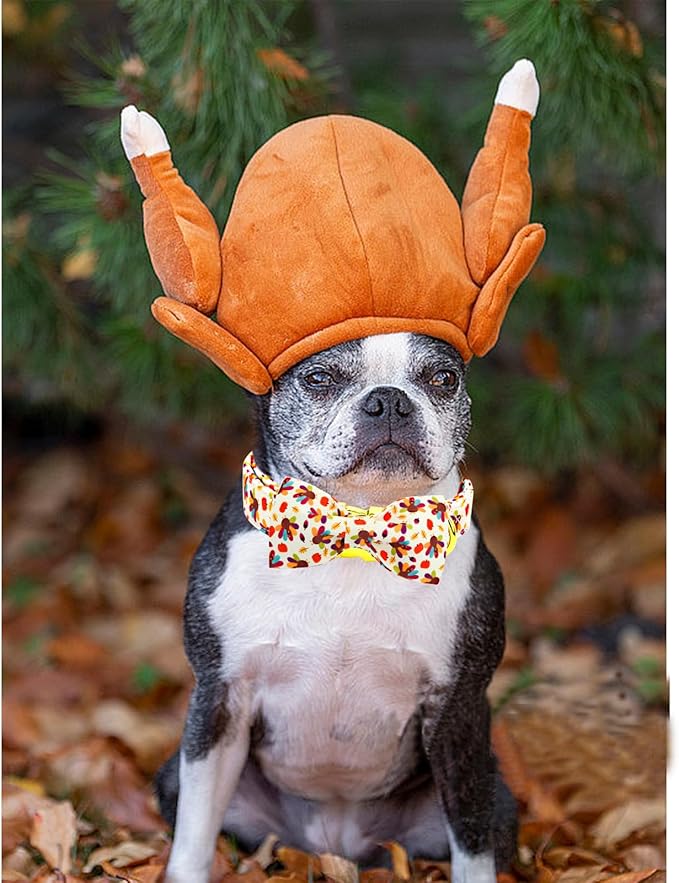 Thanksgiving Dog Collar, Turkey Dogs Collars Bow Tie Pet Collar Adjustable Pet Collars Premium Metal Buckle Autumn Leaf Necklace for Large Dogs