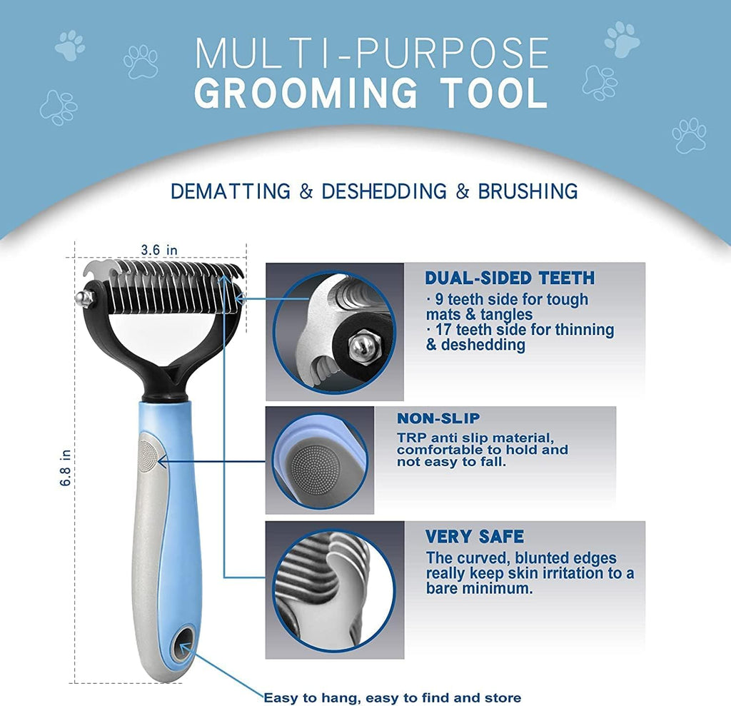 Grooming Tool- Dog and Cat Dematting Comb and Brush with 2 Sided Professional Grooming Rake (Blue, Grey)