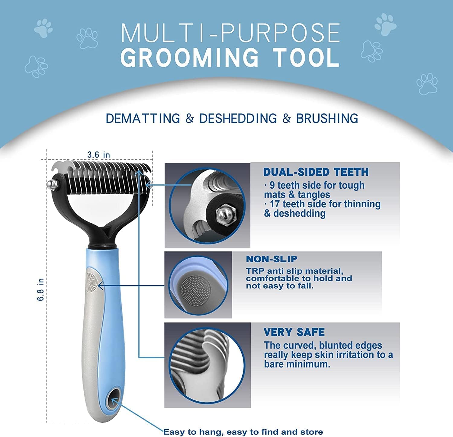 Grooming Tool- Dog and Cat Dematting Comb and Brush with 2 Sided Professional Grooming Rake (Blue, Grey)