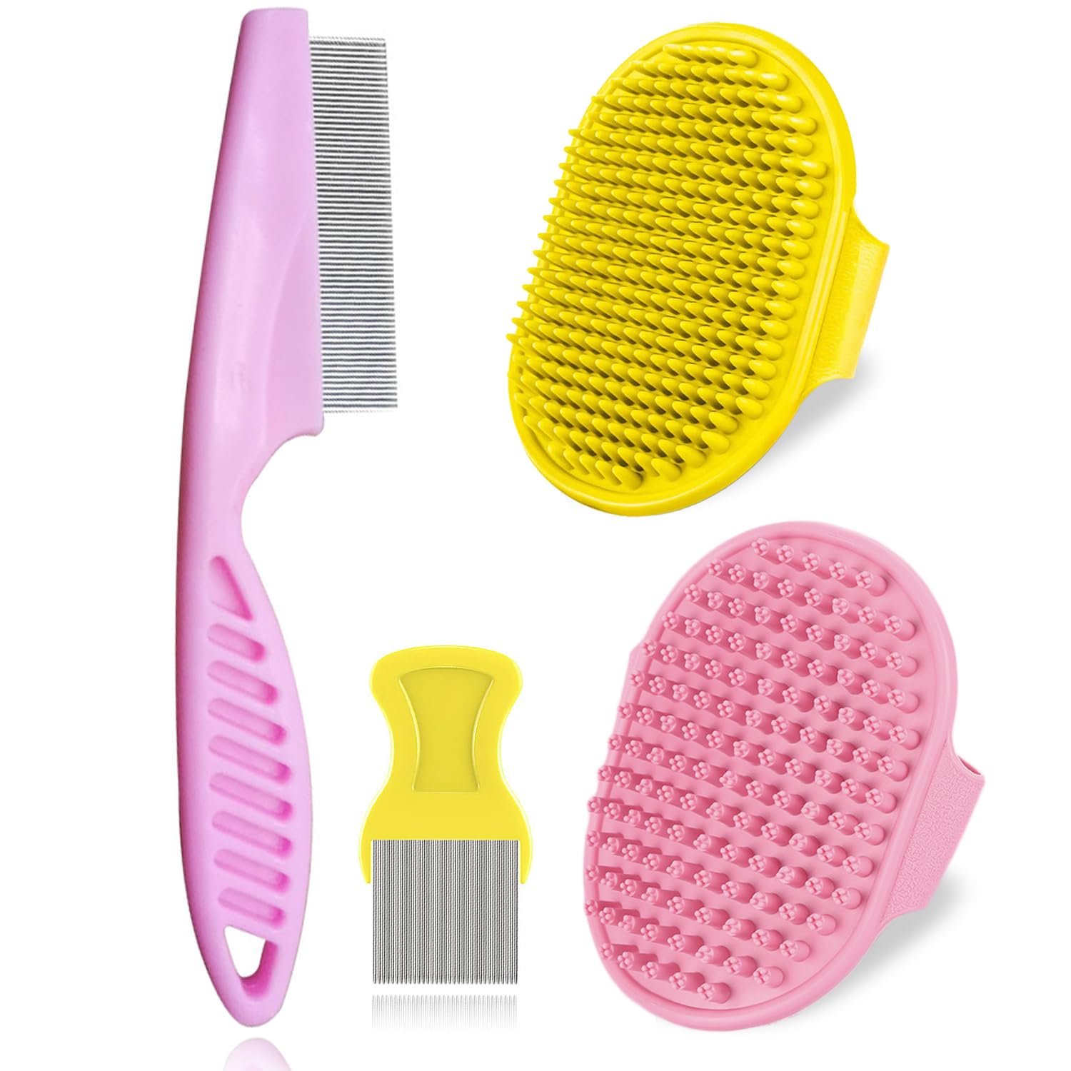 Pet Grooming Brush Kit, 4Pack Dog Bath Brushes Flea Comb Set for Cat | Rubber Pet Shampoo Brush Soothing Massage Brush for Shedding 2pcs Fine Tooth Lice Comb for Long Short Hair Dogs & Cats