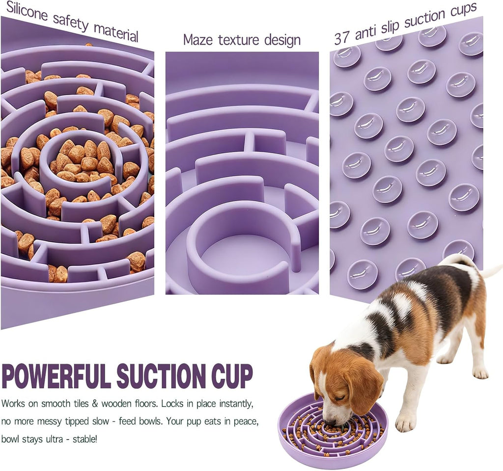 Silicone Slow Feeder Bowl with 37 Non-Slip Suction Cups — Anti-Choking Maze Design, Slows Eating 10x, Anxiety Relief, BPA-Free, for Small & Medium Dogs and Cats (Purple)