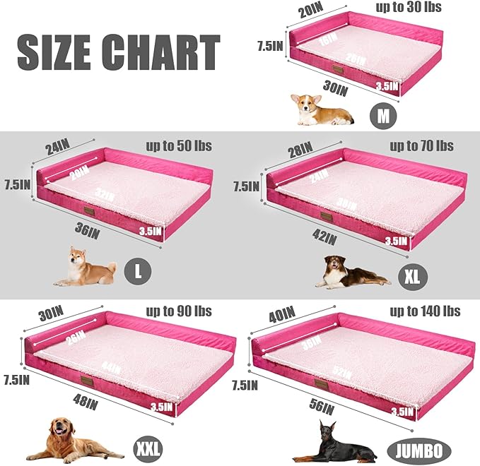 Patas Lague Orthopedic Dog Bed Medium Size Dog 30''X20'', Waterproof L Bolster Medium Pet Sofa Beds with Removable Washable Cover, Soft Comfortable Pet Couch Crate Mat with Nonskid Bottom, Pink