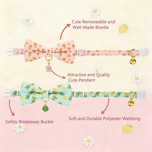 2 Pack Floral Cat Collars with Bow Tie and Bell Adjustable Breakaway Bowtie Cute Kitten Collar(Green & Yellow Flowers)