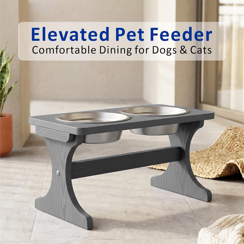 Raised Dog Bowl Stand for Medium Sized Breed, Feeding Station with 35 oz 2 Stainless Steel Bowls & Licking Plate,Dog Food Bowl Gray
