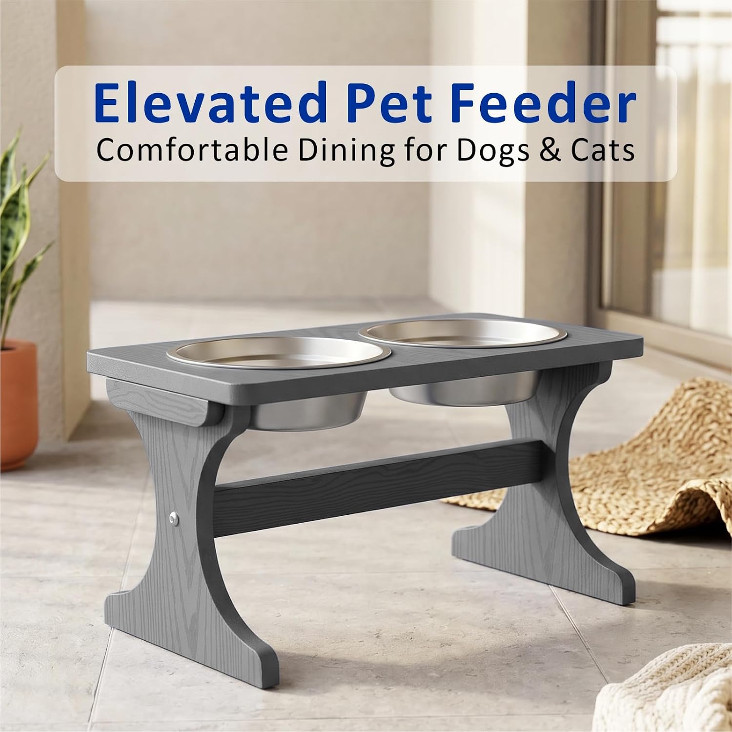Raised Dog Bowl Stand for Medium Sized Breed, Feeding Station with 35 oz 2 Stainless Steel Bowls & Licking Plate,Dog Food Bowl Gray