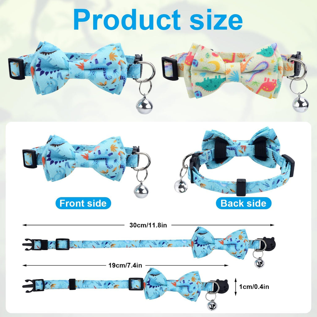 Dinosaur Cat Collar, Cute Dinosaur Bow Tie Cat Collar with Bells Breakaway Bowtie Kitten Collar Dinosaur Pattern Adjustable Cat Collar for Kittens Puppies