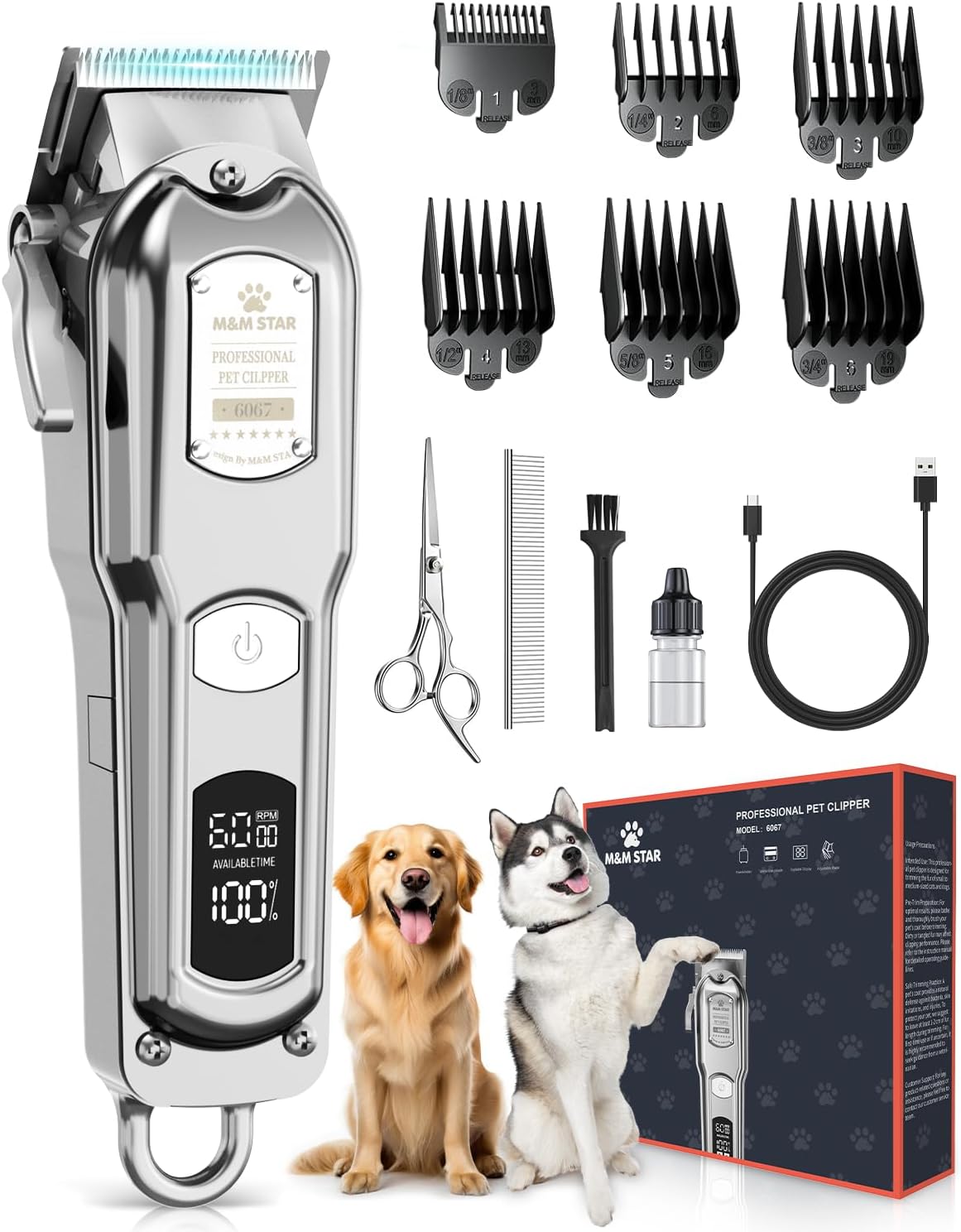 M&M STAR Dog Clippers for Grooming Thick Heavy Coats, All-Metal Body Low Noise Cordless Rechargeable Dog Hair Trimmer, Stainless Steel Blade, Professional Pet Grooming Kit for Dogs & Cats (Silver)