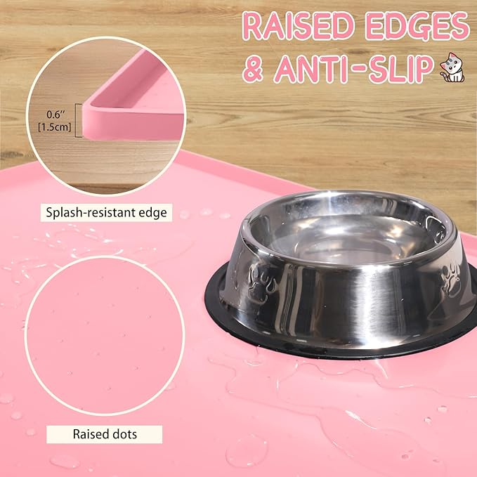 MateeyLife Silicone Cat & Dog Food Mat for Floors Waterproof, Anti-Slip Dog Bowl Mats for Food and Water, Pet Feeding Mats with Lip to Prevent Spills, Pet Placemat for Messy Drinkers to Protect Floors