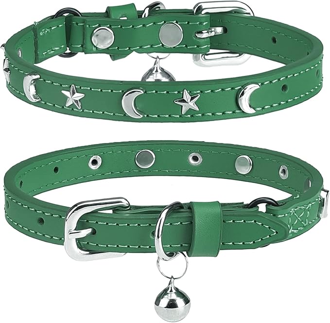 Leather Cat Collars for Boy Girl Cats with Bell and Safety Elastic Belt, Personalized Star and Moon Stud Adjustable Safe Buckle Collar for Kitty Small Big Cats Size 8-12 Inch, Green