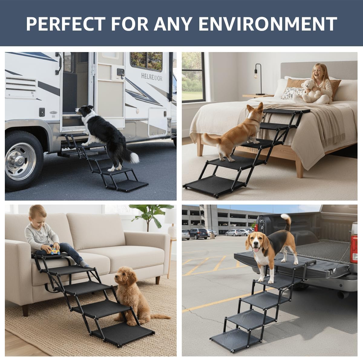 Oiilores Foldable Dog Stairs for Large Dogs - Extra Wide Pet Ramp for Cars, SUV, Non-Slip Surface, Supports Up to 250 Lbs, 5 Steps