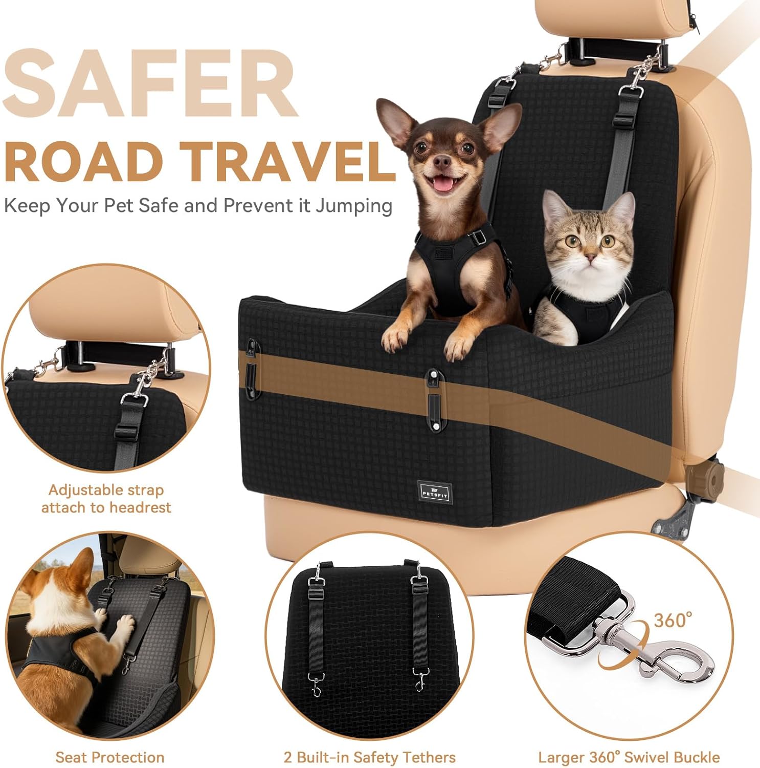 PETSFIT Dog Car Seat with Patented Safety System, 5" Elevated Cushion | Fully Detachable Washable Cover, Memory Foam Dog Booster Car Seat for Small/Medium Dogs Up to 35 Lbs with Safety Belt