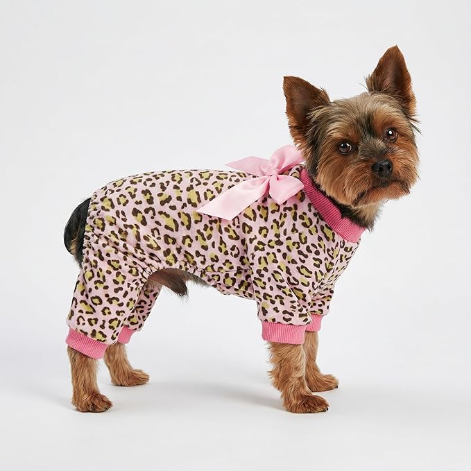 Fitwarm Leopard Dog Pajamas, Fleece Dog Clothes for Small Dogs Girl with Legs, Pet Onesie, Cat Outfit, Pink, Small