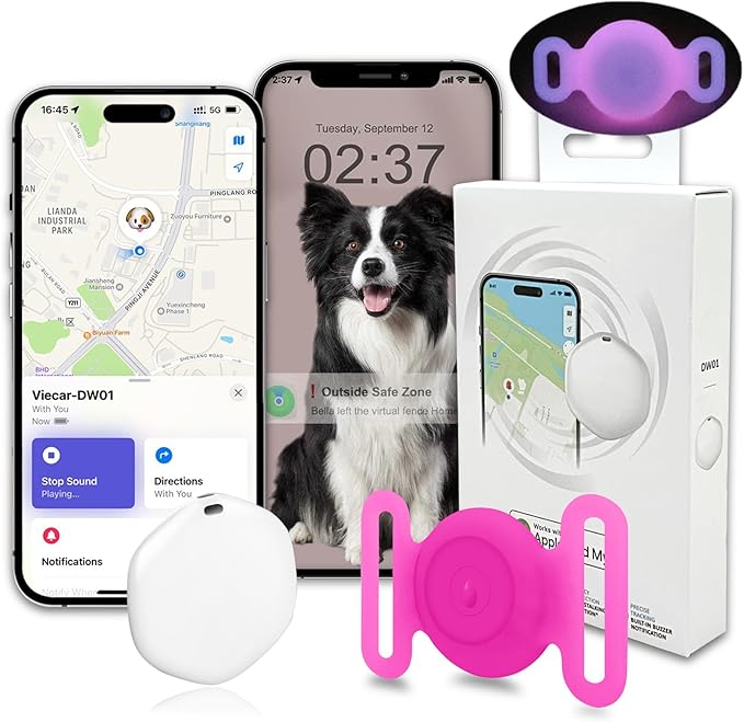 GPS Tracker for Dogs, Mini GPS Cat Tracker, Dog Tracking tag with Holder, No Monthly Fee, Work with Apple Find My(iOS Only), Dog Tracking Device, Anti-Lost, Finder Tag for Pets/Kids (Luminous-Pink.)