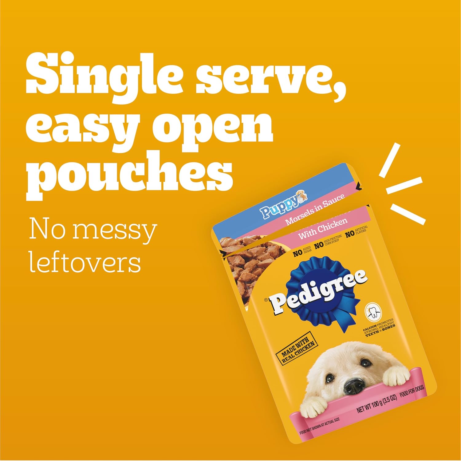 Pedigree Puppy Morsels Wet Dog Food Pouch, Chicken, 3.5 oz, 16 Count | Steam cooked, high quality animal protein, DHA brain support, calcium for teeth & bones, topper or complete meal