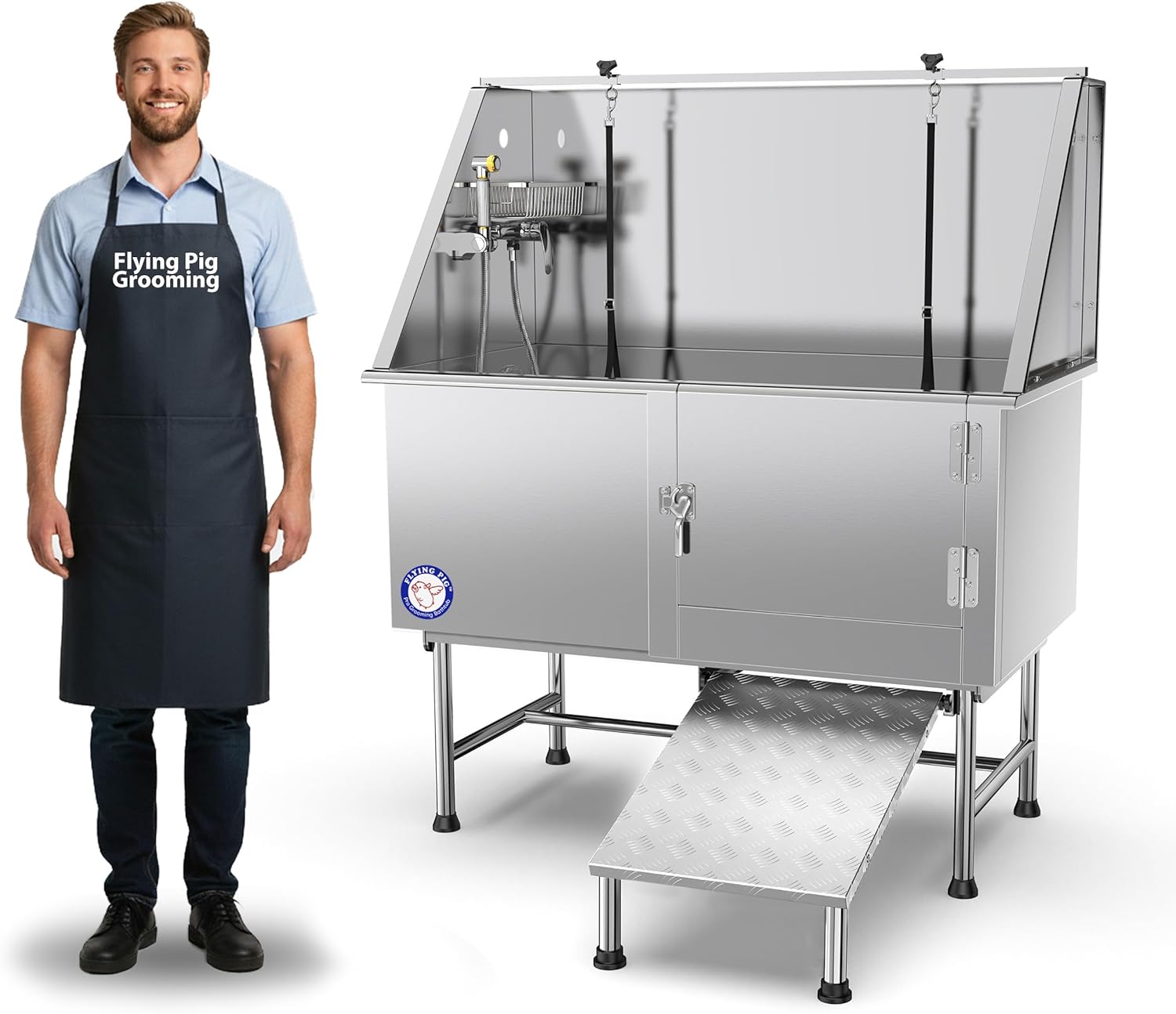 Flying Pig 50" Stainless Steel Pet Dog Grooming Bath Tub with Walk-in Ramp & Accessories (Right Door/Left Drain)