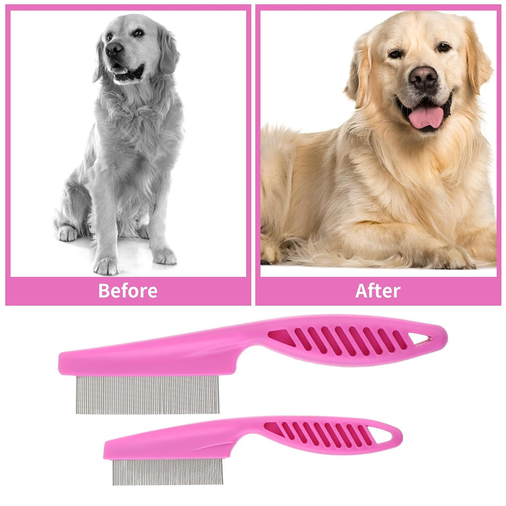 TIESOME Pet Hair Comb Tear Stain Removal,2 Pack Multifunctional Pets Grooming Comb Kit 2 in 1 Dog Combs Stainless Grooming Massage Dual-Sided Comb for Knots Crust Floating Hair Tangle Fleas(Pink) | Multifunctional Pets Grooming Comb Kit, 2 in 1 Dog