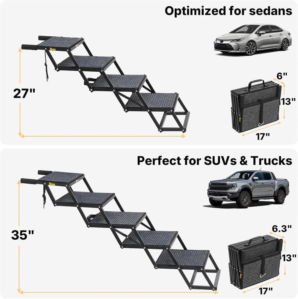 Veehoo Foldable Dog Steps for Car Truck SUV, Collapsible Large Dogs Stairs | 4 Steps Folding Dog Ramp for Cars Portable Pet Ramps Ladder Heavy Duty Non Slip for Trucks Vehicle 17" Wide, Up to 200lbs
