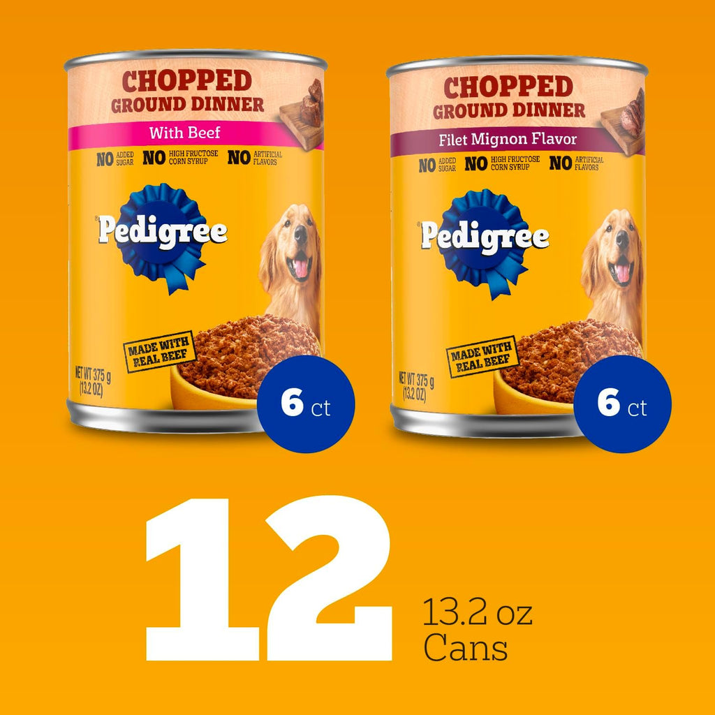 Pedigree Chopped Ground Dinner Wet Dog Food, Beef Pack, 13.2 oz, 12 Count | 100% complete & balanced, 36 vitamins & minerals, slow cooked, 30%+ water for hydration, supports skin & coat & lean muscles