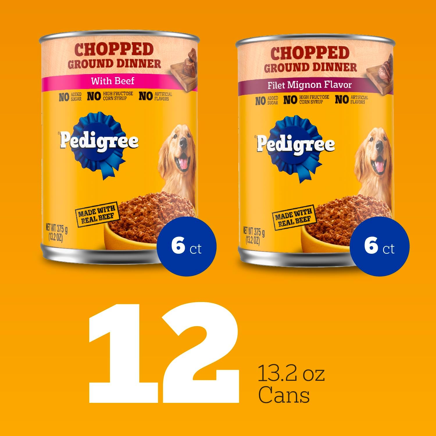 Pedigree Chopped Ground Dinner Wet Dog Food, Beef Pack, 13.2 oz, 12 Count | 100% complete & balanced, 36 vitamins & minerals, slow cooked, 30%+ water for hydration, supports skin & coat & lean muscles