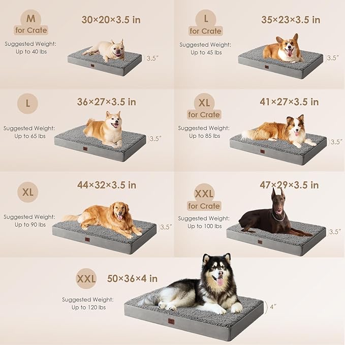 EHEYCIGA Orthopedic Foam Dog Bed, XXL, 47"L x 29"W x 3.5"Th, Light Grey