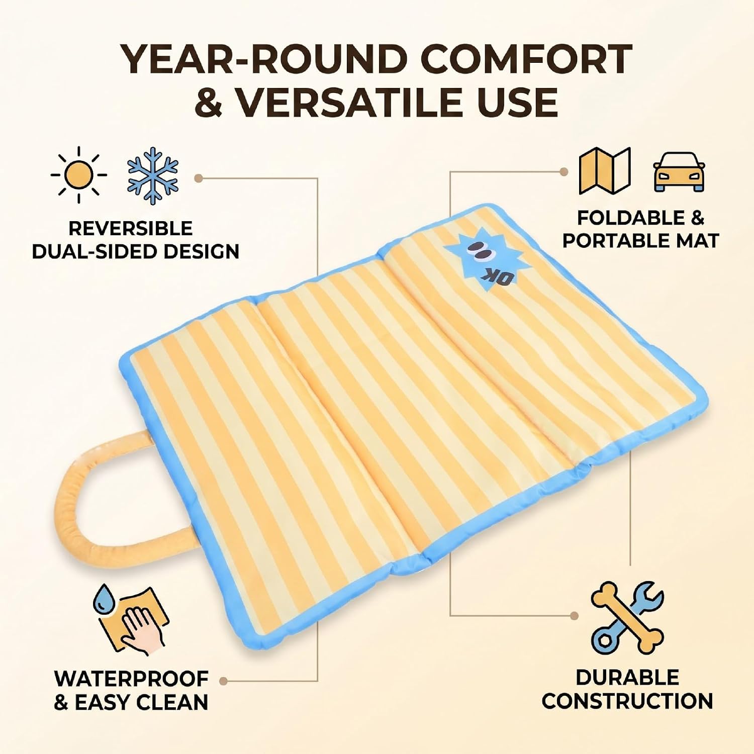 Dog Crate Pad, Reversible Cool Warm Mat, Foldable with Handle for Pets
