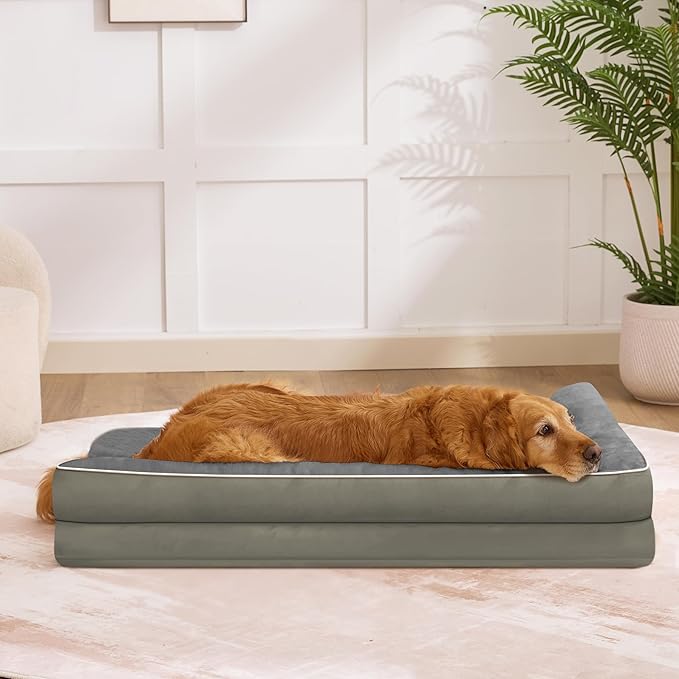 Dog Bed Large Sized Dogs, Orthopedic Dog Bed for Large Dogs, Waterproof Pet Bed with Washable Removable Cover, L-Shaped Pet Couch with Portable Handle 36"x27"x6.5", Olive Green