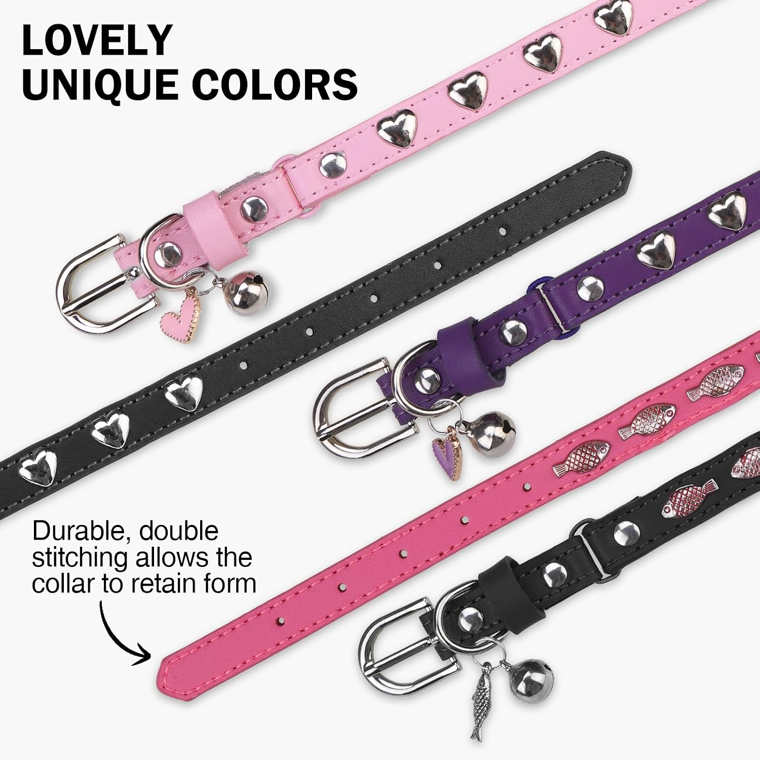Leather Cat Collar, Breakaway Kitten Collars with Bell, Pink | Spiked & Studded, Cute for Boy Girl Small Pets, Goth Style, Safety Elastic Belt, Adjustable Buckle, Heart, 8-11in