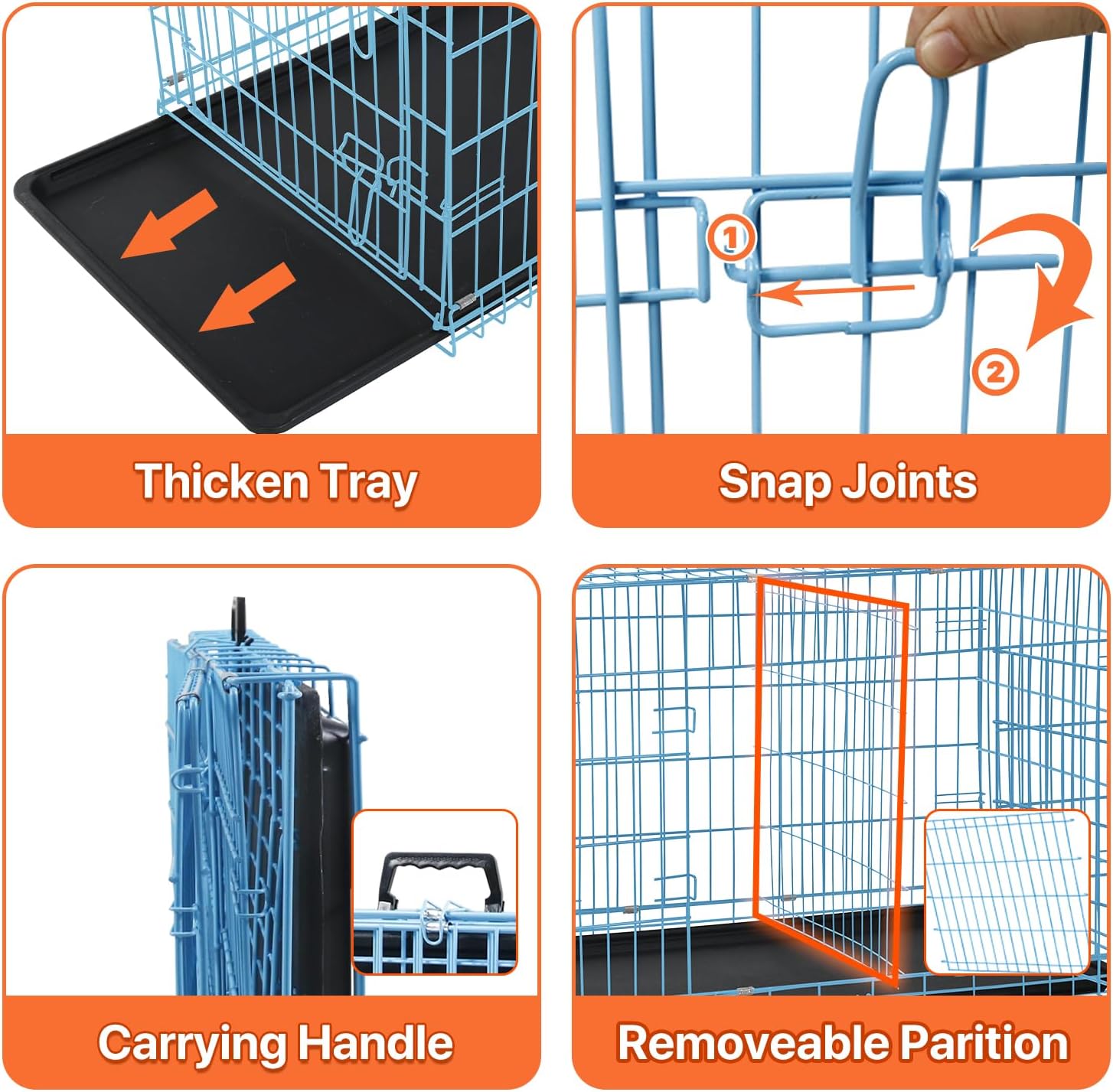 Dog Crate for Large Medium Small Dogs, Folding Dog Kennel Cage with Plastic Tray & Divider 48"/42"/ 36"/ 30"/ 24" Indoor Outdoor Metal Double Door Heavy Duty Dog Pen Enclosure, Blue(36 Inch)