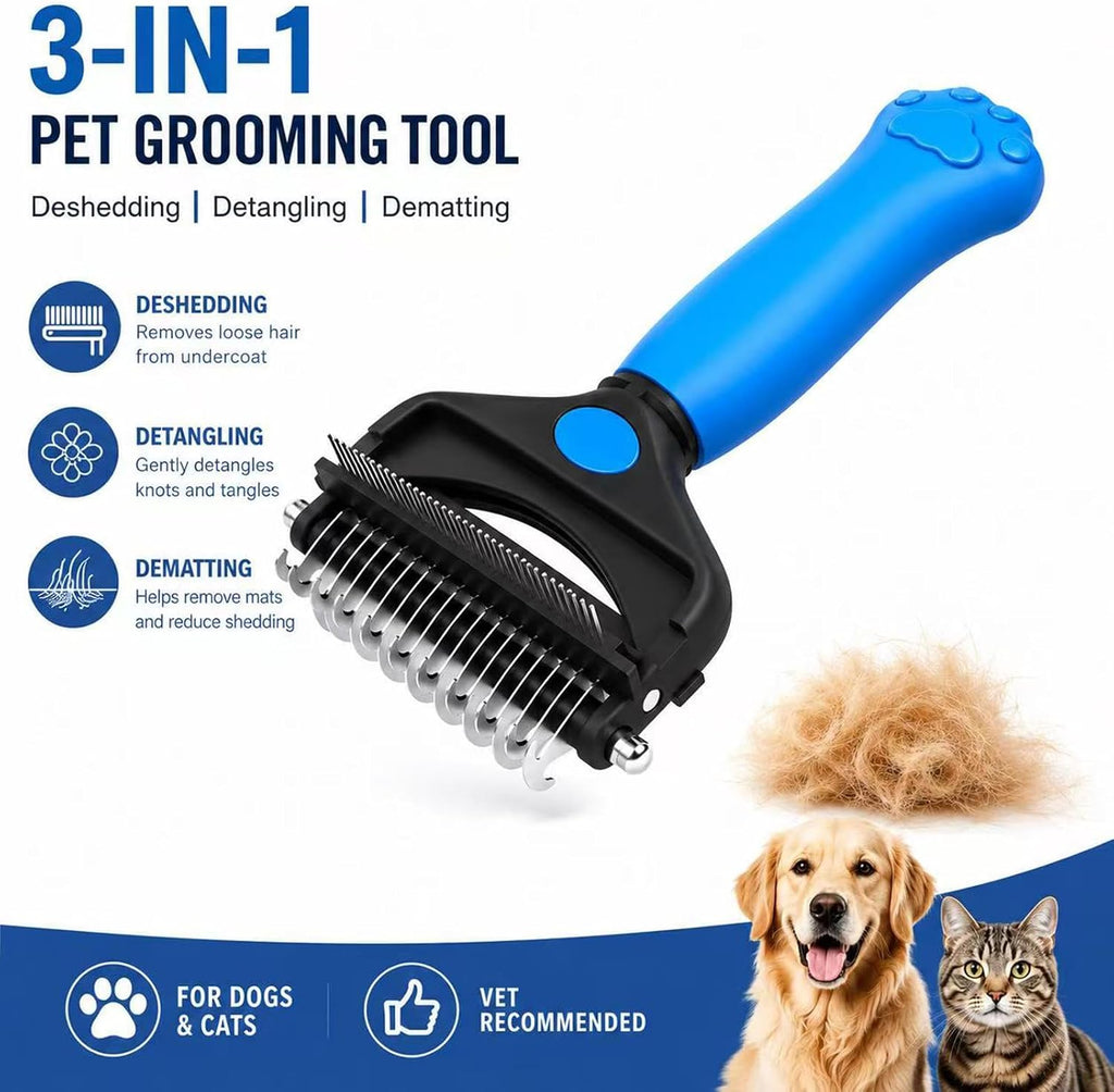 Deshedding Dog Brush，3-in-1 Pet Pro Grooming Tool，Dogs & Cats | Blue Undercoat Rake for Dogs，Ultimate Dematting Comb & Deshedding Brush for Cats and Dogs, Perfect for Shedding & Detangling