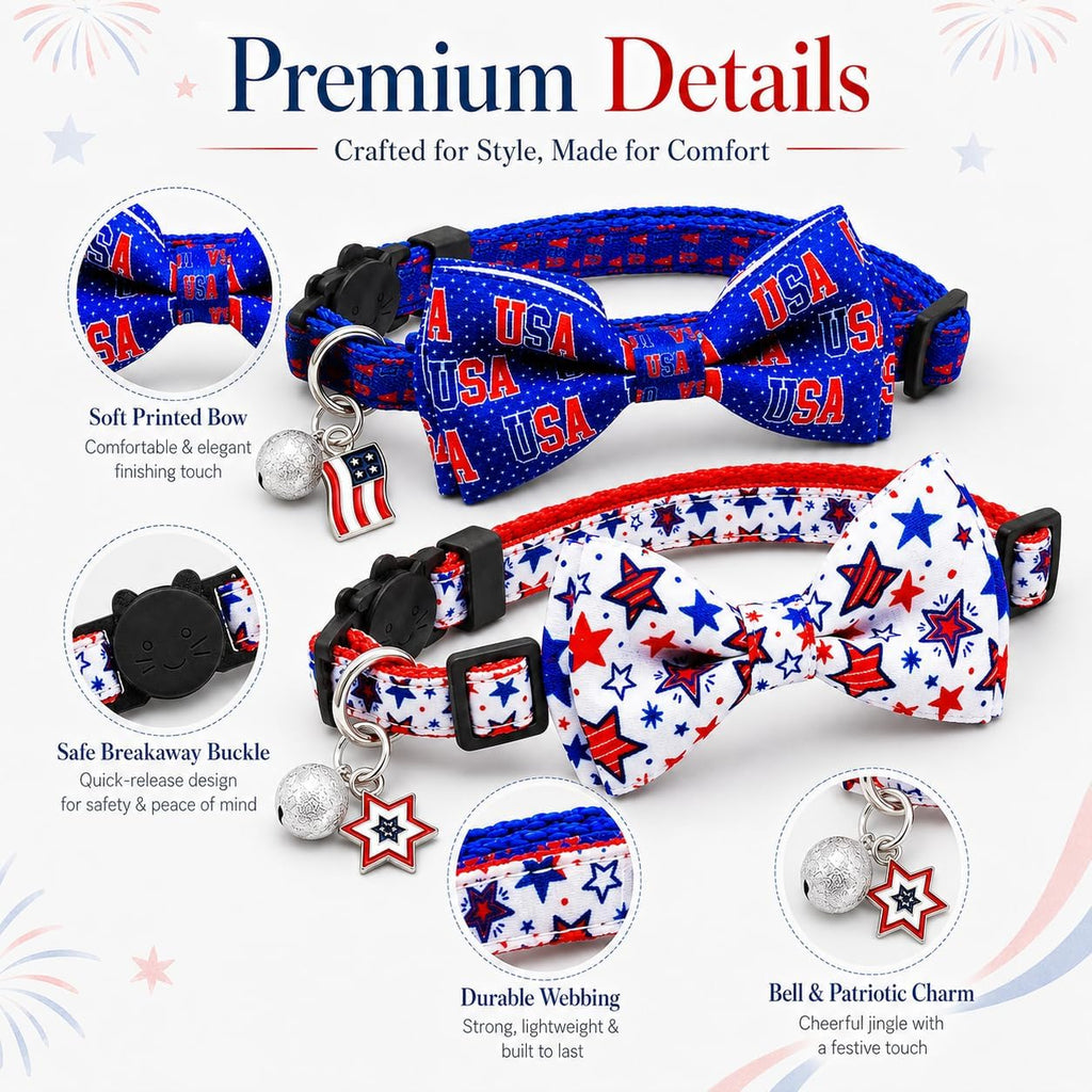 4th of July Cat Bow Tie Breakaway Collars with Bell and Charm, 2 Pack Patriotic Adjustable Cat Collars with Removable Bow Tie, Red White Blue USA Stars Independence Day Collars for Cats and Kittens