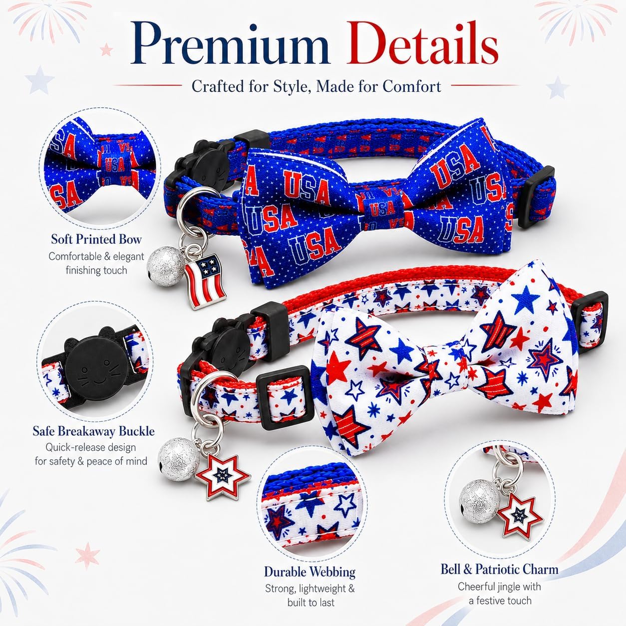 4th of July Cat Bow Tie Breakaway Collars with Bell and Charm, 2 Pack Patriotic Adjustable Cat Collars with Removable Bow Tie, Red White Blue USA Stars Independence Day Collars for Cats and Kittens