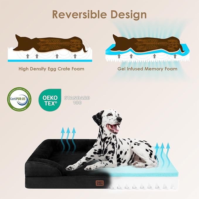 EHEYCIGA Orthopedic Dog Beds for Large Dogs, Waterproof Memory Foam Large Dog Bed with Sides, Non-Slip Bottom and Egg-Crate Foam Pet Couch Bed with Washable Removable Cover, Black