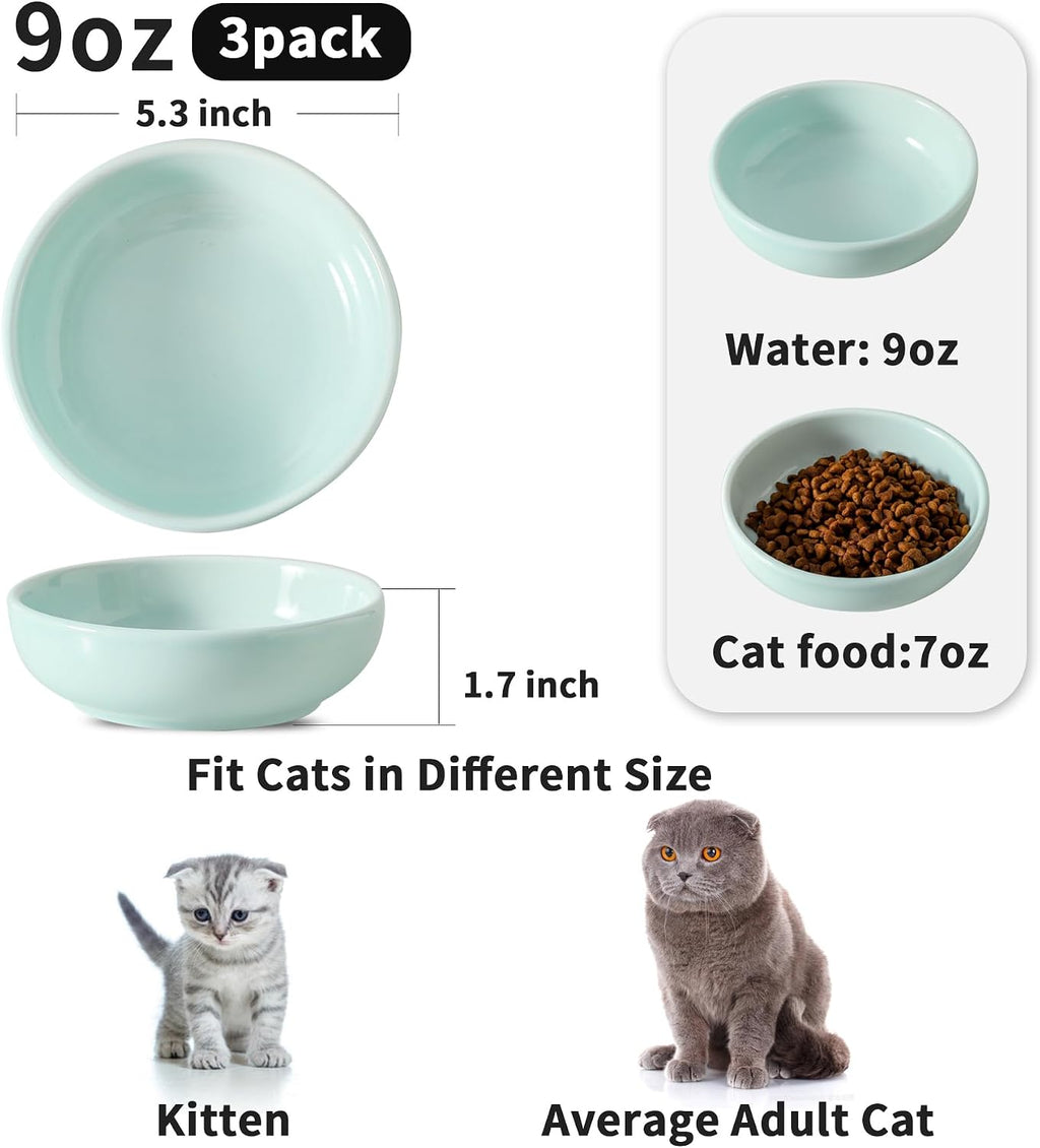5.3 in Ceramic Cat Dishes - Shallow Food Bowls for Small Pets, 3 Pack for Food and Water -Light Blue