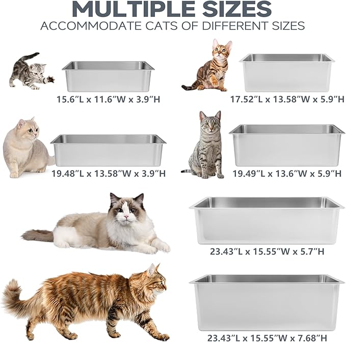 Kirecoo Stainless Steel Cat Litter Box, Large Metal High Sided Cat Pan Box, Indoor Litter Tray, Non Stick, No Smell, Easy to Clean, Pet Toilet Supplies for Cats