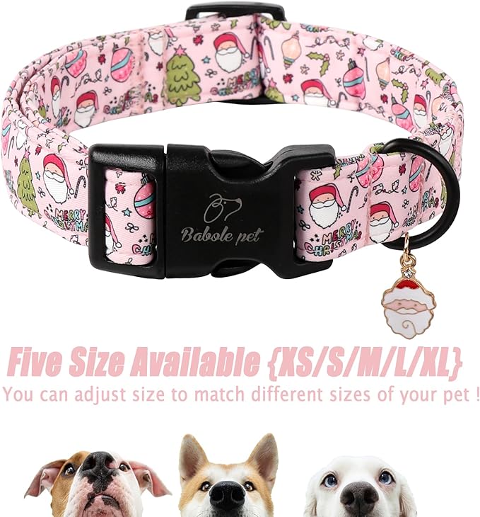 Christmas Dog Collar for Small Dogs - Cute Santa Print Pink Christmas Collars for Dogs, Soft Adjustable Winter Holiday Dog Collars with Quick Release Buckle S