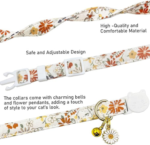 2 Pack Cotton Breakaway Cat Collars Set with Bell and Flower Pendant, Cute Floral Fruit Patterned, Adjustable 7.5-11Inch, Include A Mouse Toy Gift